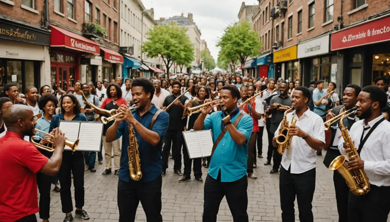 Un groupe de musiciens joue de l'instrument bandas dans la rue, entouré d'une foule joyeuse.