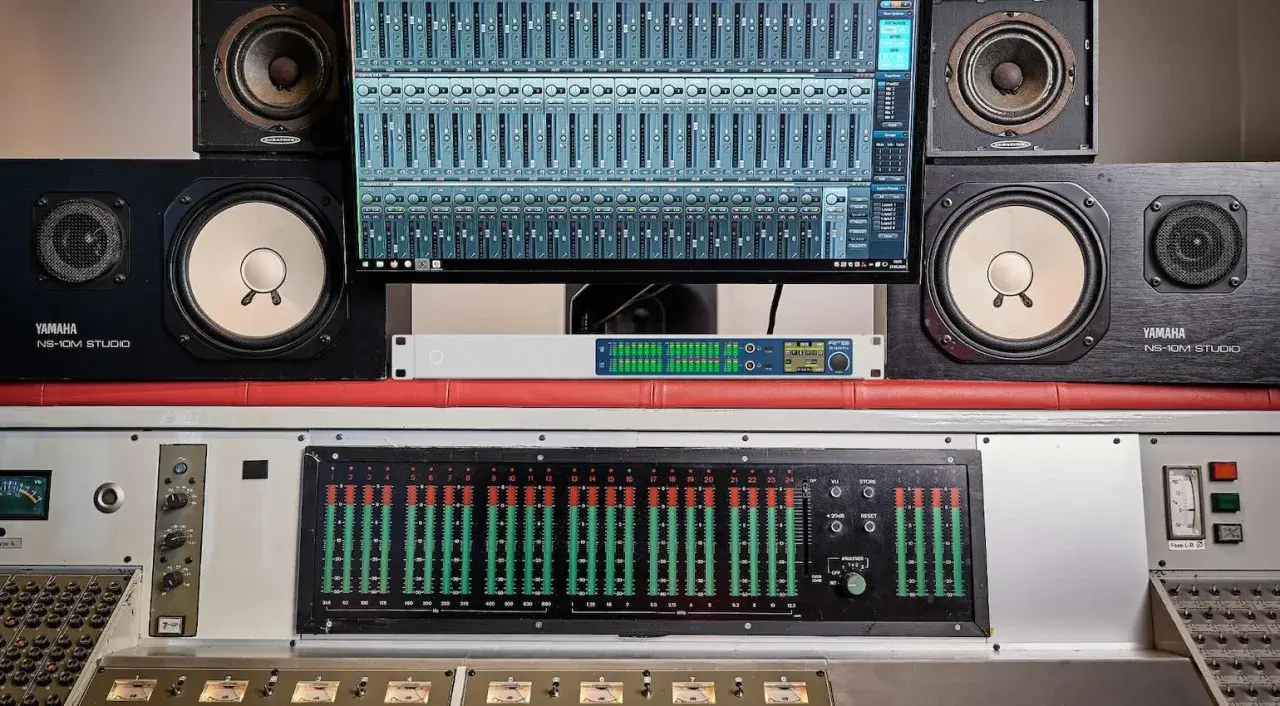 Studio d'enregistrement avec enceintes Yamaha, écran affichant une console numérique et un transducteur sonore.