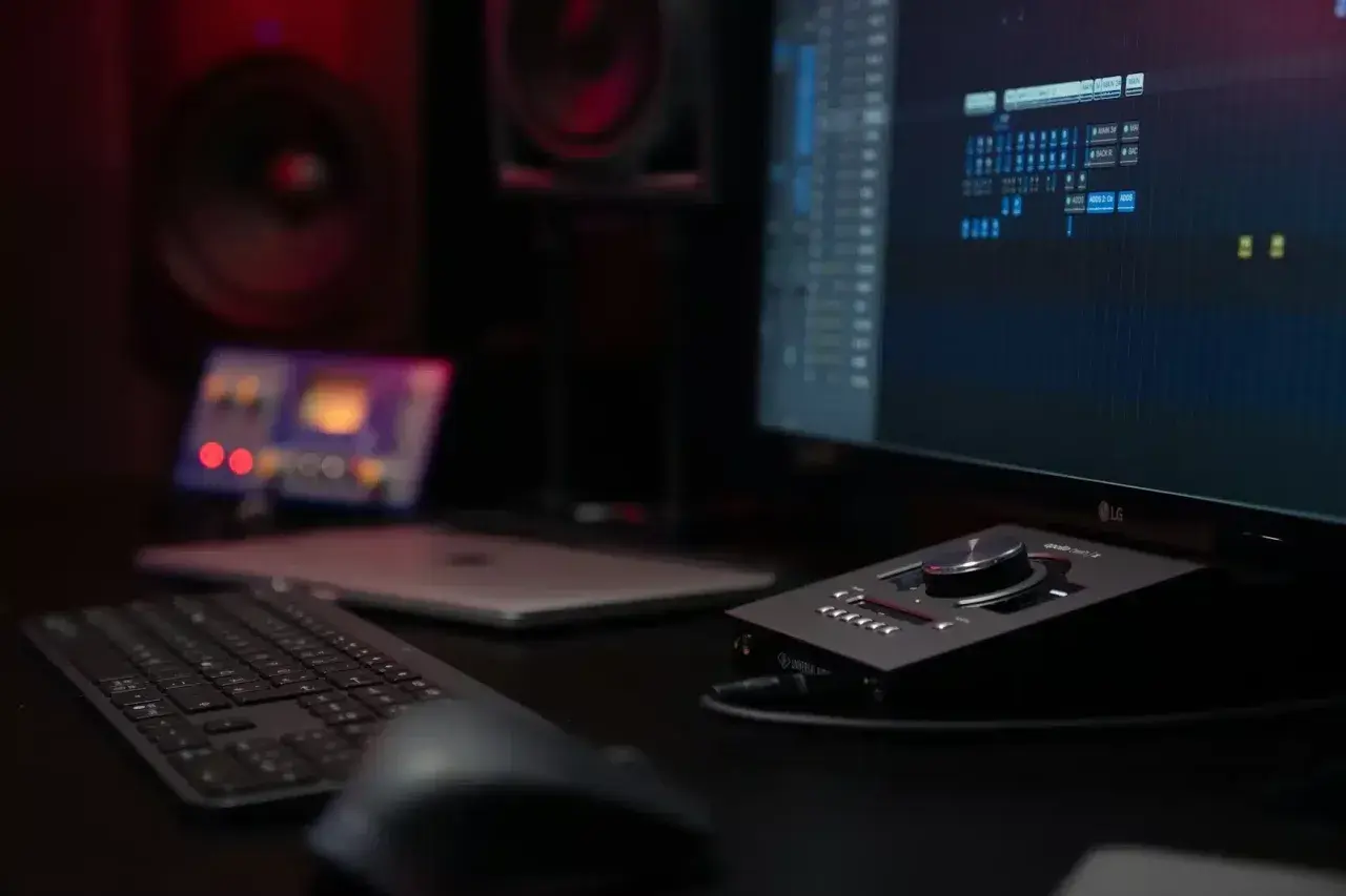 Bureau d'un studio d'enregistrement avec écran affichant une table de mixage numérique, clavier, souris et une console de **direct monitoring**.