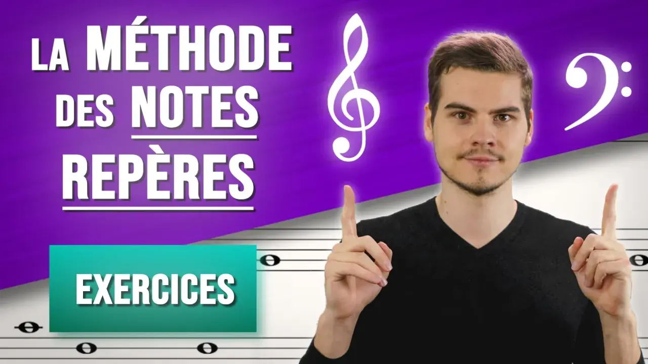 Un homme pointe vers une clé de sol et une clé de fa, symboles de la méthode des notes repères pour des exercices musicaux.