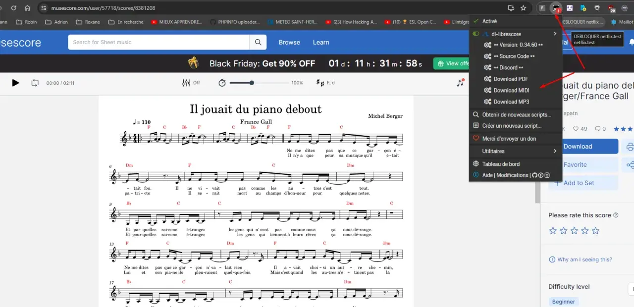 Partition de solfège piano pour "Il jouait du piano debout" de France Gall.
