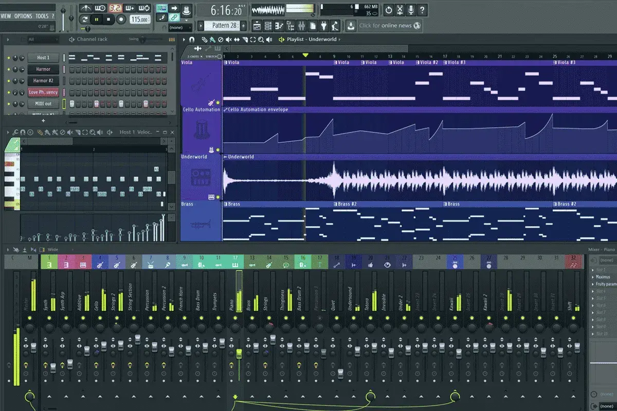 Interface d'un logiciel home studio, montrant une piste MIDI avec des notes de violoncelles et de cuivres, ainsi qu'un mixeur audio.