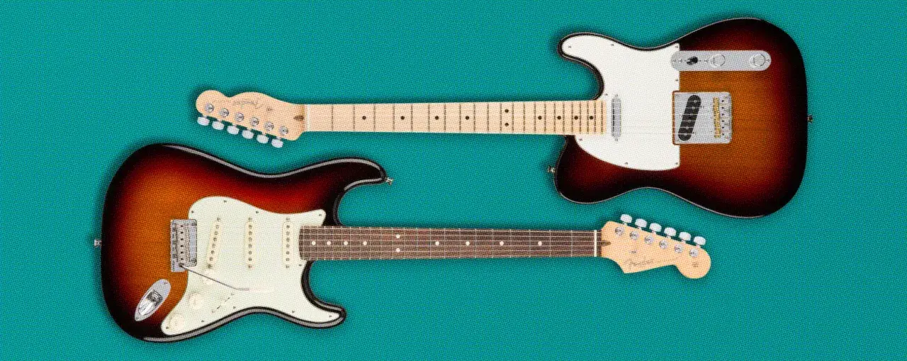 Stratocaster vs Telecaster : deux guitares électriques emblématiques, l'une avec trois micros et l'autre avec deux, sur fond turquoise.