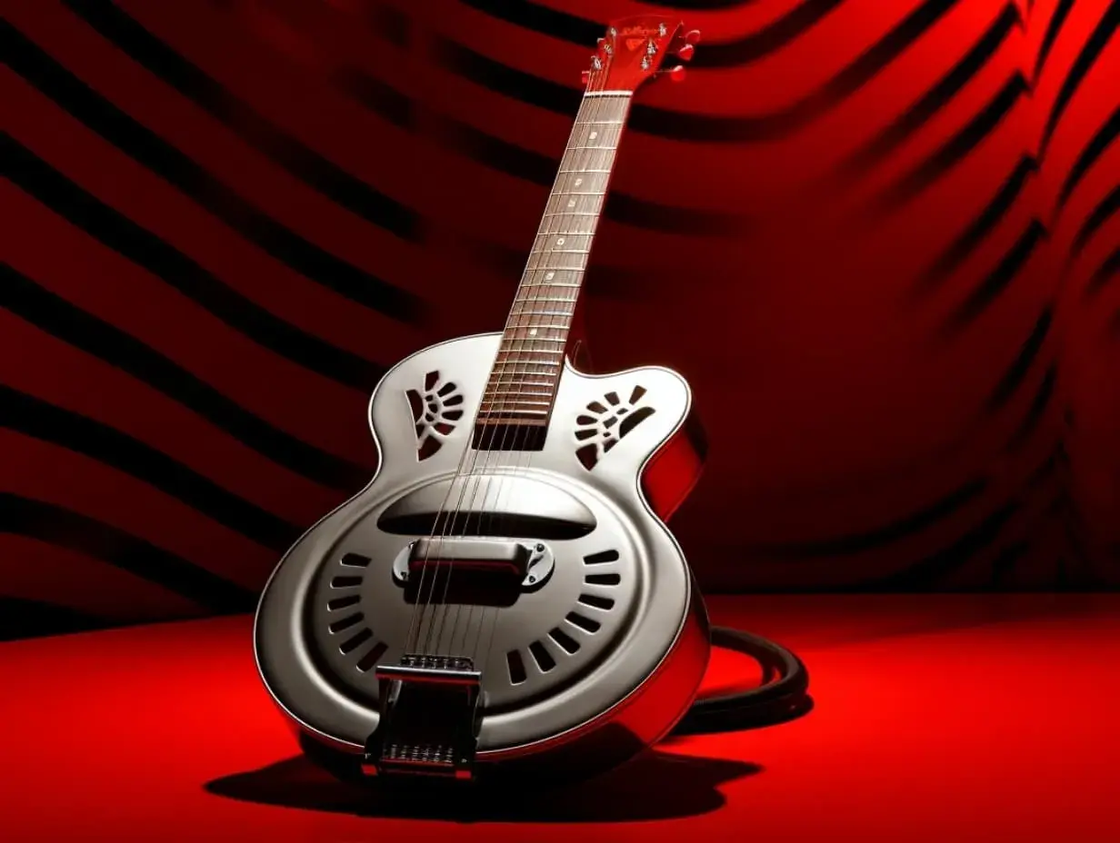 Guitare dobro blues argentée, sur fond rouge strié de noir. Un instrument prêt à faire vibrer les âmes.