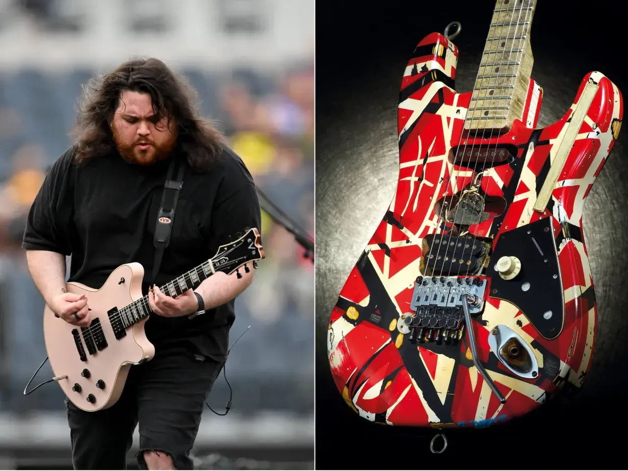 Guitare iconique "Frankenstrat" d'Eddie Van Halen, avec son motif rayé rouge, blanc et noir, aux côtés d'un musicien jouant d'une guitare rose.