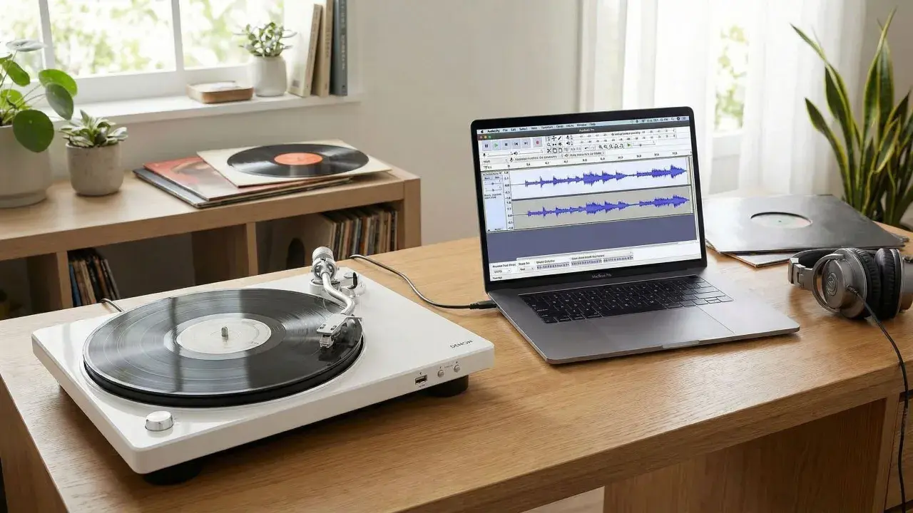 Platine vinyle Denon connectée à un ordinateur portable pour enregistrer des vinyles sur clé usb. Casque audio à proximité.