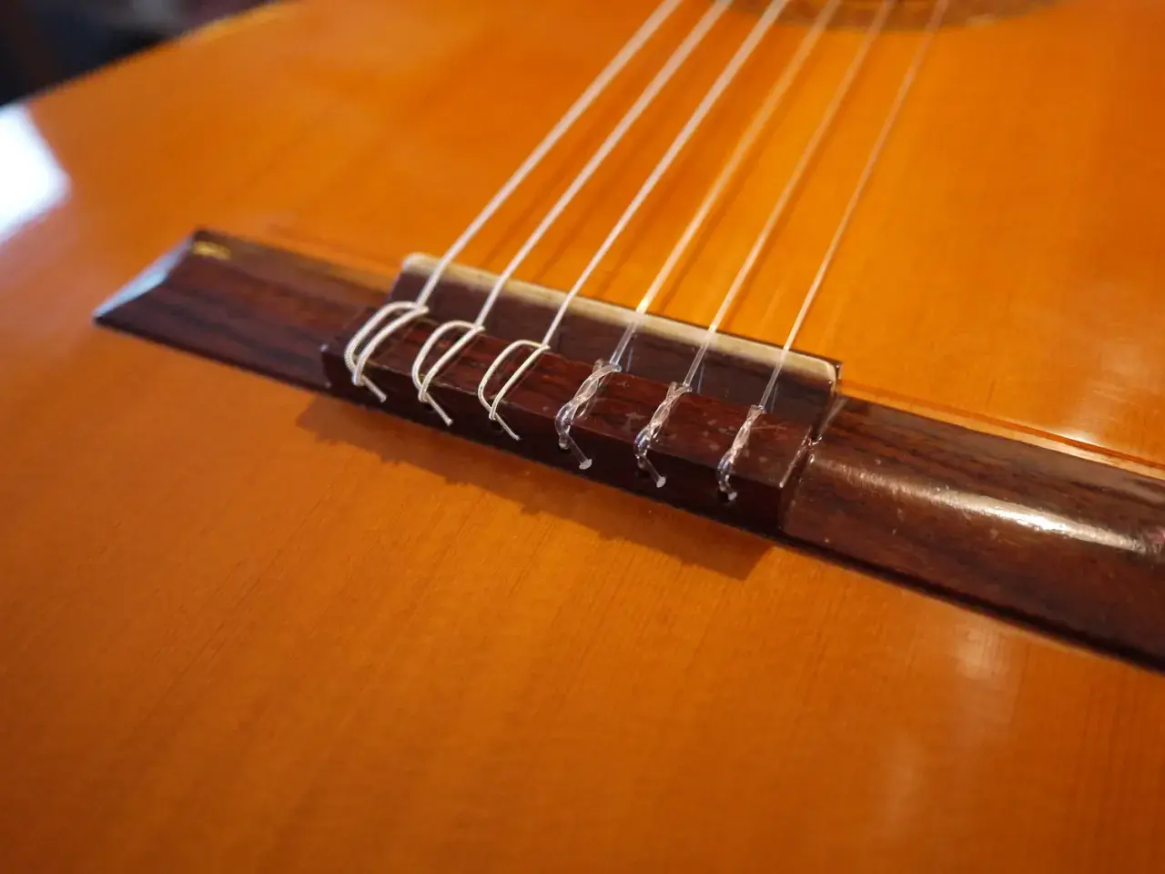 Gros plan sur le chevalet d'une guitare classique, où chaque corde est solidement attachée par un nœud corde guitare classique.