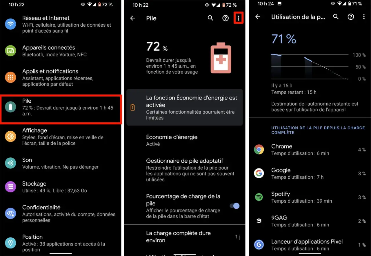 L'application de gestion de la batterie affiche 72% d'autonomie restante, estimée à 1h45. L'économie d'énergie est activée.