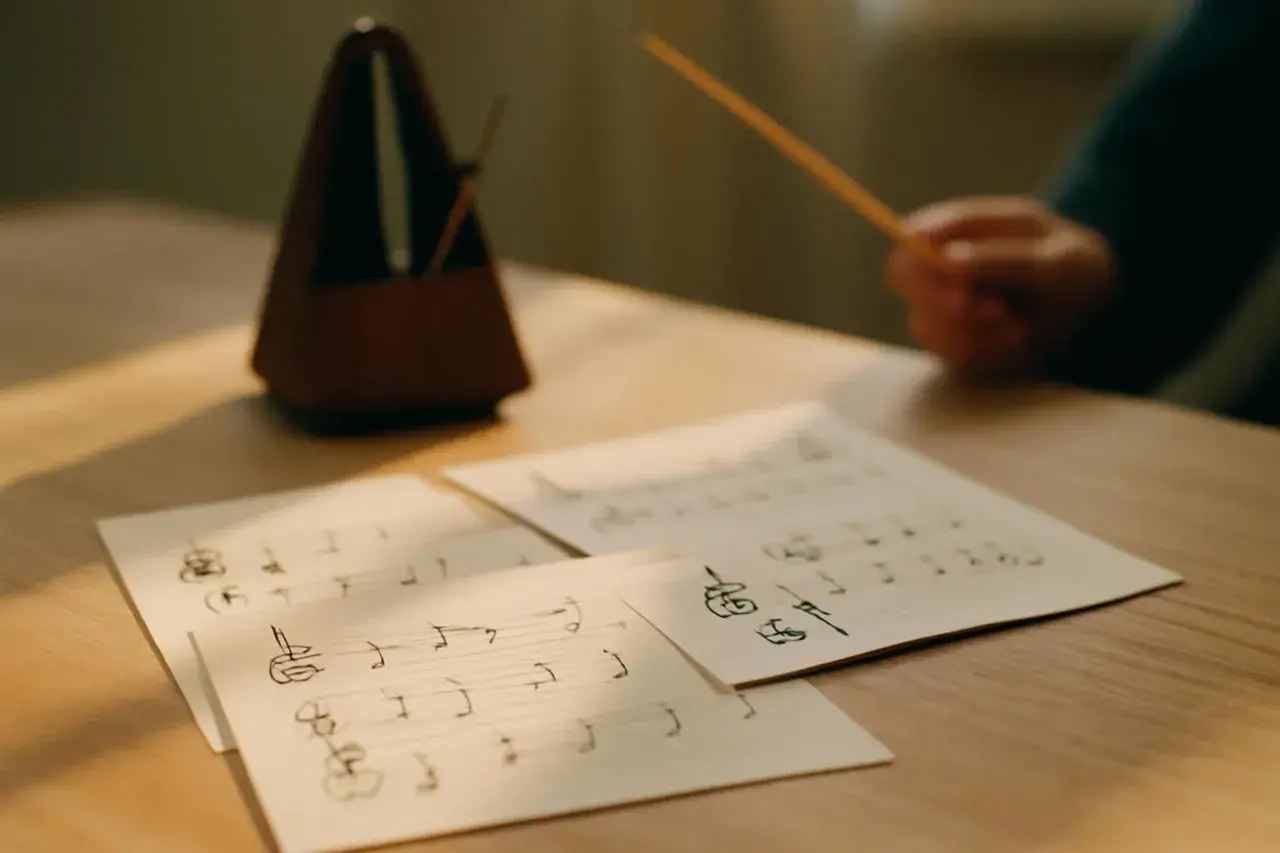 Partition de musique sur une table, avec un métronome et une baguette. Le rythme ternaire est palpable.