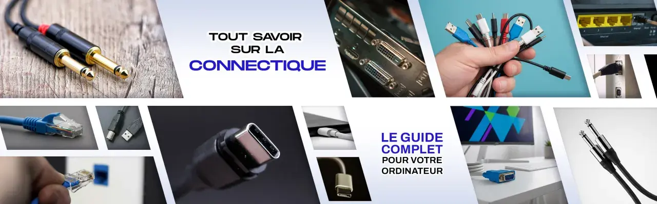 Divers câbles et connectiques : jack audio, USB, Ethernet, VGA. Le guide complet pour votre ordinateur.