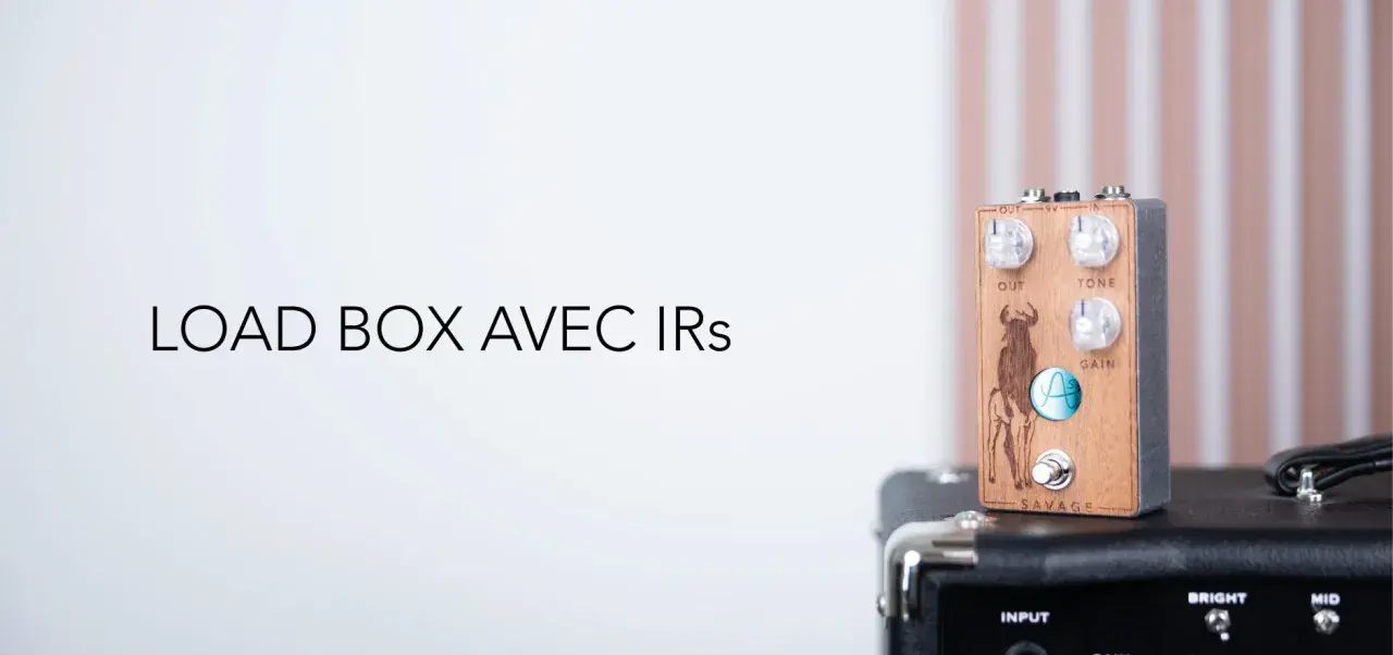 Pédale de guitare LOAD BOX AVEC IRs, en bois, avec un taureau gravé et des potards pour le son.