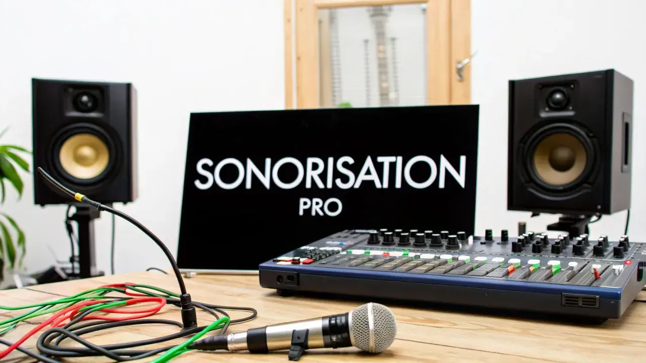 Studio d'enregistrement avec enceintes, console de mixage, micro et écran affichant "SONORISATION PRO". Idéal pour un **sono groupe musique**.
