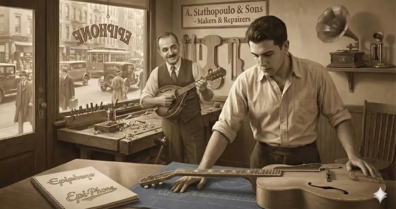Un jeune homme examine un plan de son guitare electrique dans un atelier. Un autre homme joue d'une mandoline.