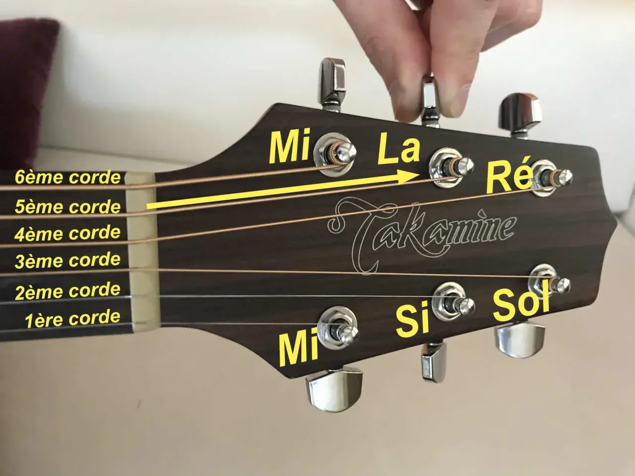 Accordage d'une guitare : la 6ème corde (Mi) est tendue vers la 5ème (La). Les notes Mi, La, Ré, Sol, Si, Mi sont indiquées.