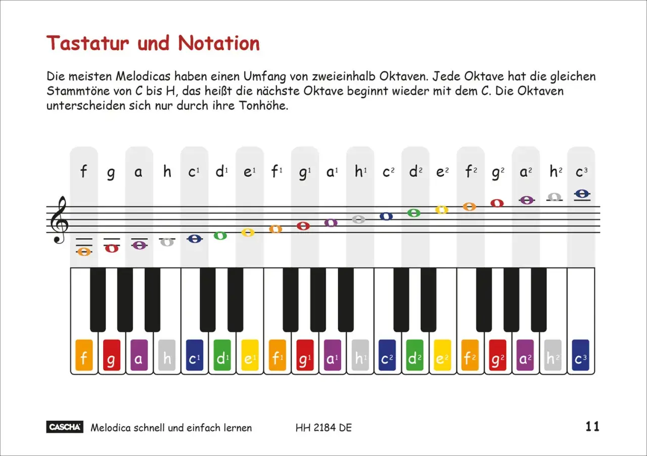 Clavier de melodica avec notes colorées et leur notation musicale. Apprenez à jouer du melodica facilement.