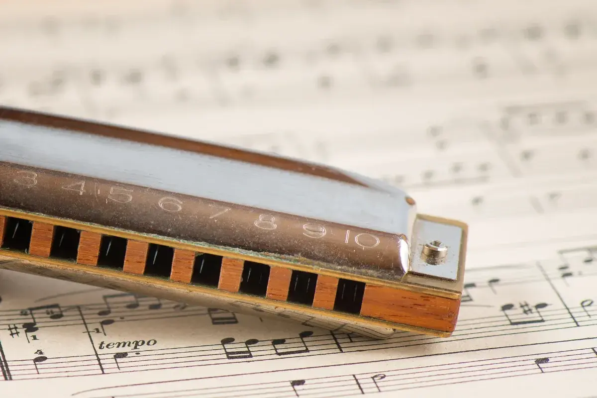 Harmonica posée sur une partition de musique. Les notes et le mot "tempo" sont visibles, prêts à accompagner les mélodies de cet instrument.