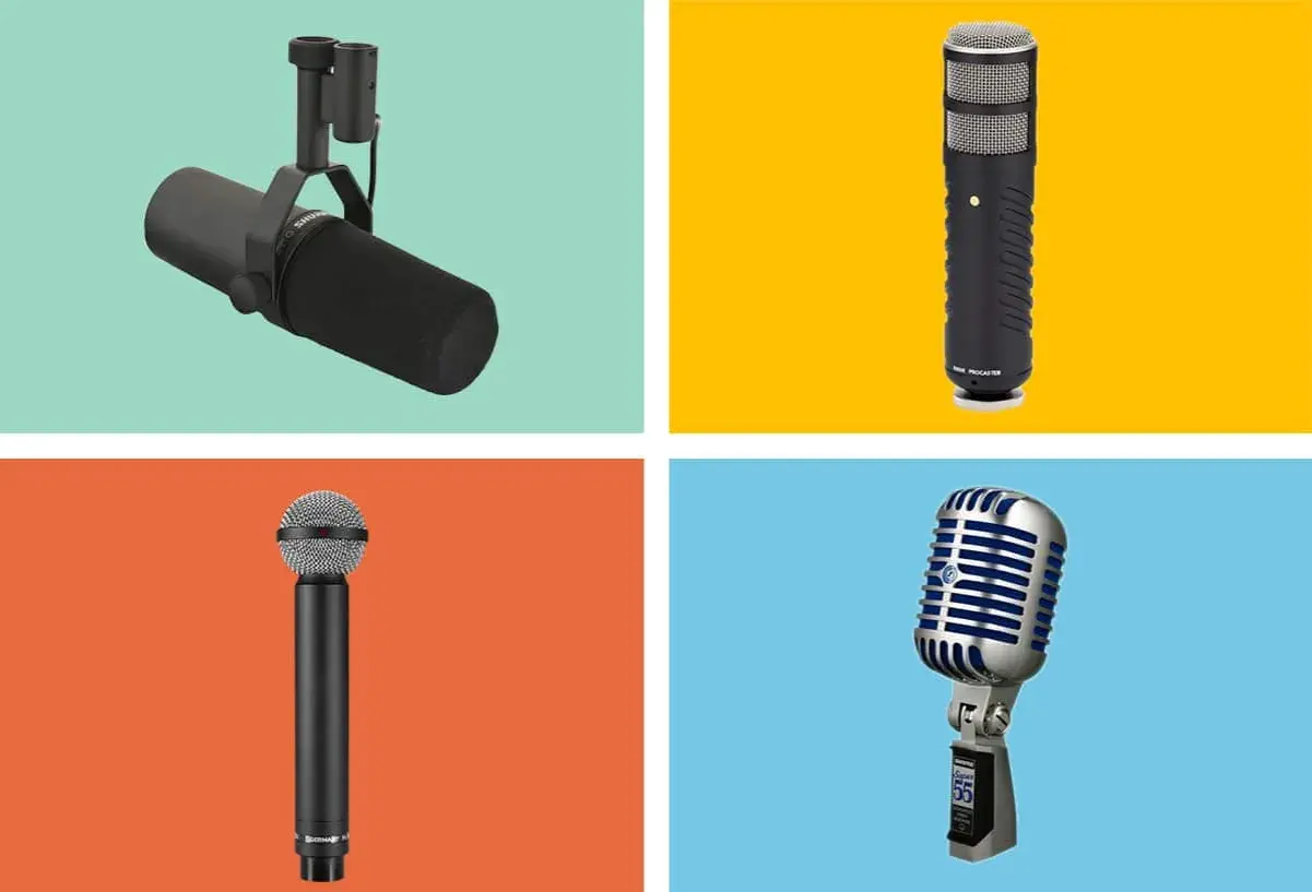 Quatre microphones dynamiques, dont un Shure SM7B, un Rode Procaster, un autre Shure et un micro vintage style "Elvis".