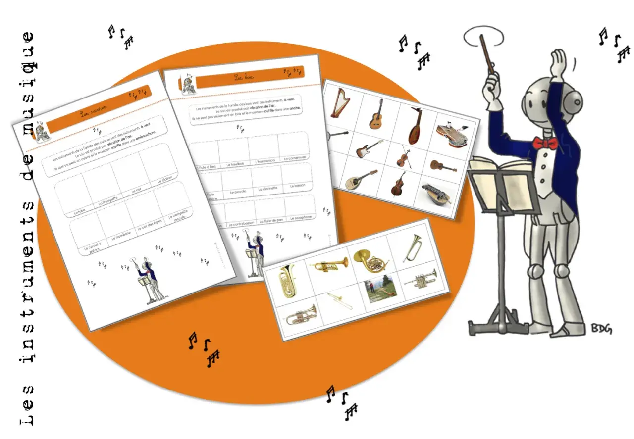 Des feuilles éducatives sur les familles d'instruments de musique, avec des illustrations et des exercices. Un robot chef d'orchestre dirige la scène.
