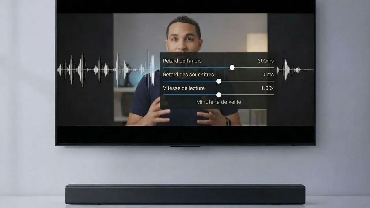 Un homme parle devant un écran de télévision affichant des réglages audio, y compris le retard et la vitesse de lecture. Le son est représenté par des formes d'onde, suggérant un flux pcm ou bitstream.