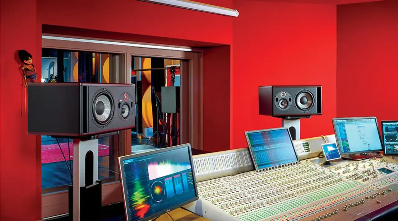 Studio d'enregistrement aux murs rouges, avec une console de mixage, des écrans d'ordinateur affichant des formes d'onde et des enceintes de monitoring, prêt pour créer un sample en musique.