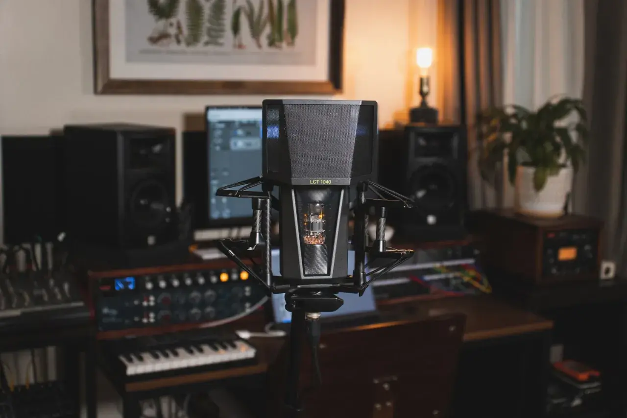 Studio d'enregistrement prêt à enregistrer une chanson. Microphone professionnel, enceintes, clavier et équipement audio.