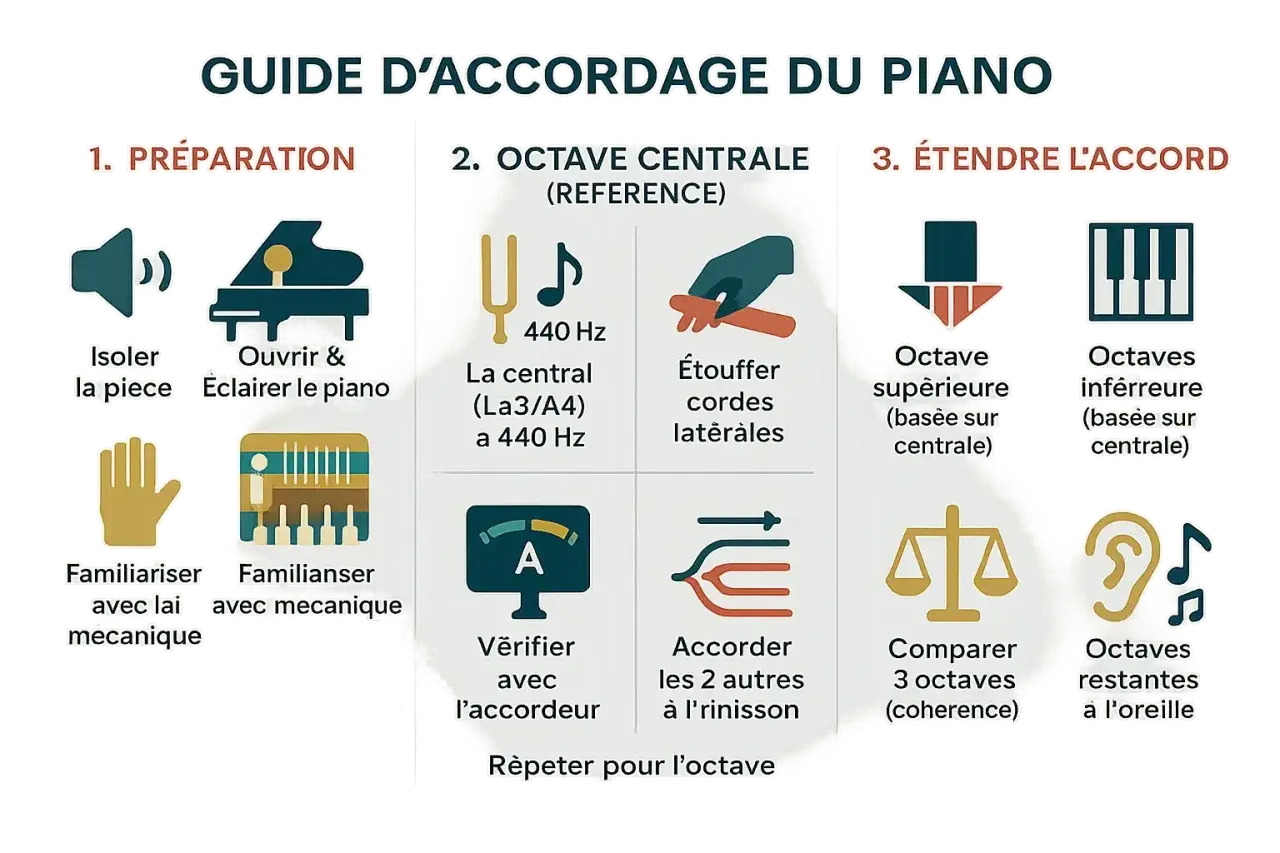 Guide pour l'accord piano : préparation, accord de l'octave centrale (La3/A4 à 440 Hz), puis extension de l'accord aux octaves supérieures et inférieures.