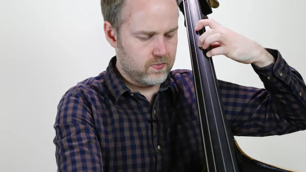 Un musicien joue un arpege basse, ses doigts glissant sur les cordes de la contrebasse.