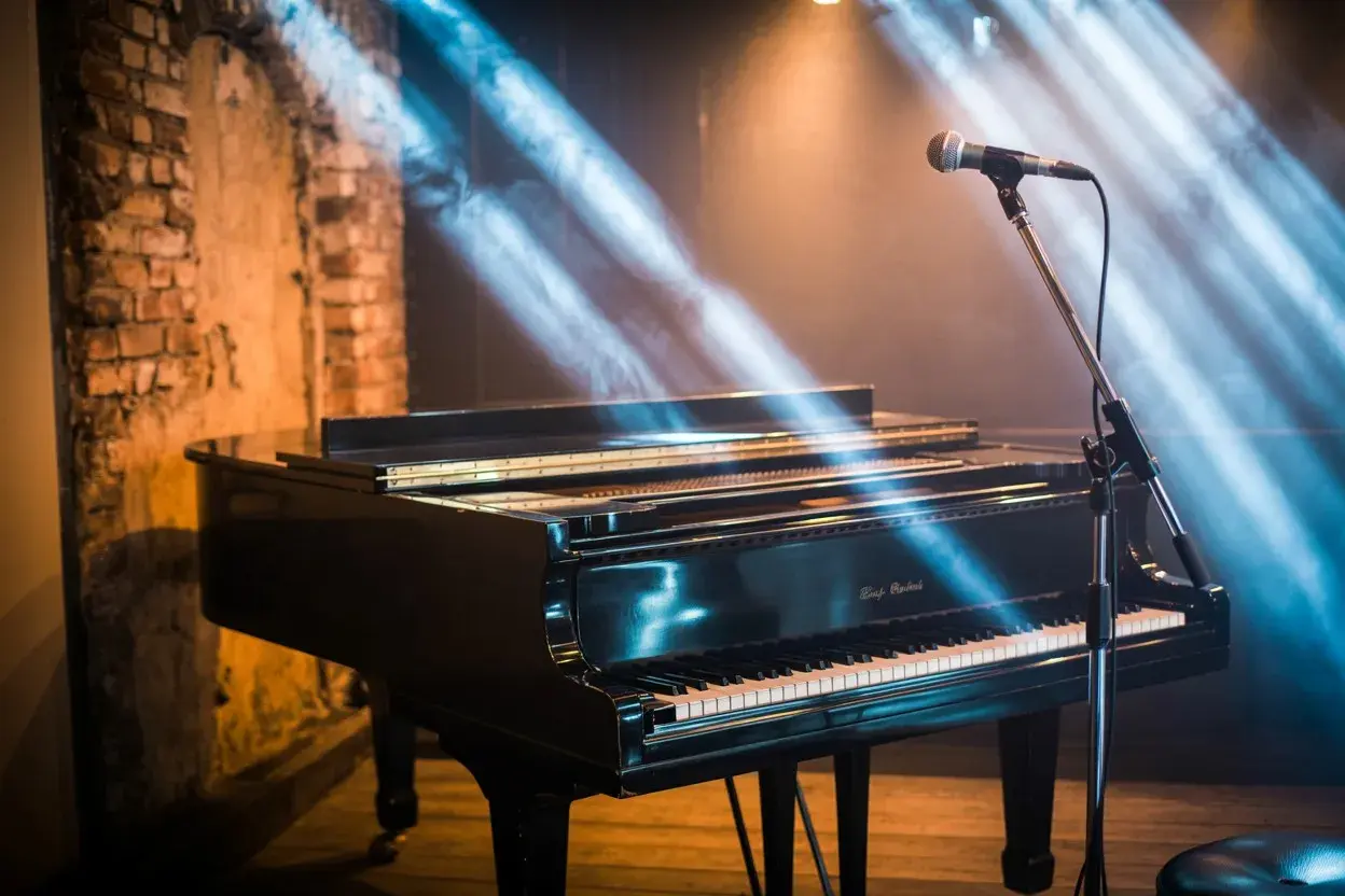 Un piano à queue noir, prêt pour un concert, sous des rayons de lumière bleus et dorés. Le micro est en place, attendant la première note de si bémol piano.