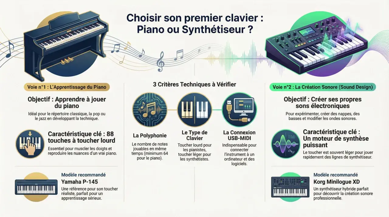 Comparaison entre piano et synthétiseur : apprendre le piano ou créer des sons électroniques. Le piano offre 88 touches lourdes pour un toucher réaliste, idéal pour le classique et le jazz. Le synthétiseur permet la création sonore avec un toucher léger.