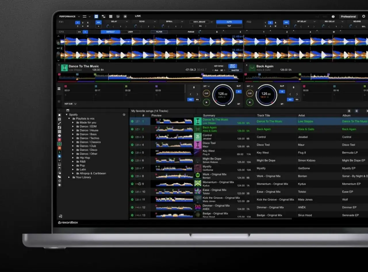 DJing avec rekordbox et Spotify : une interface intuitive pour mixer vos morceaux préférés.