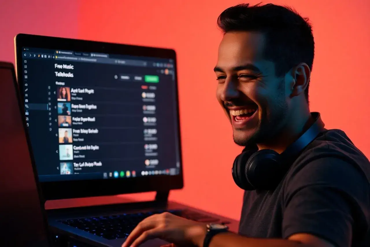 Un DJ souriant découvre un site de musique pour DJ gratuit sur son ordinateur portable, prêt à mixer.