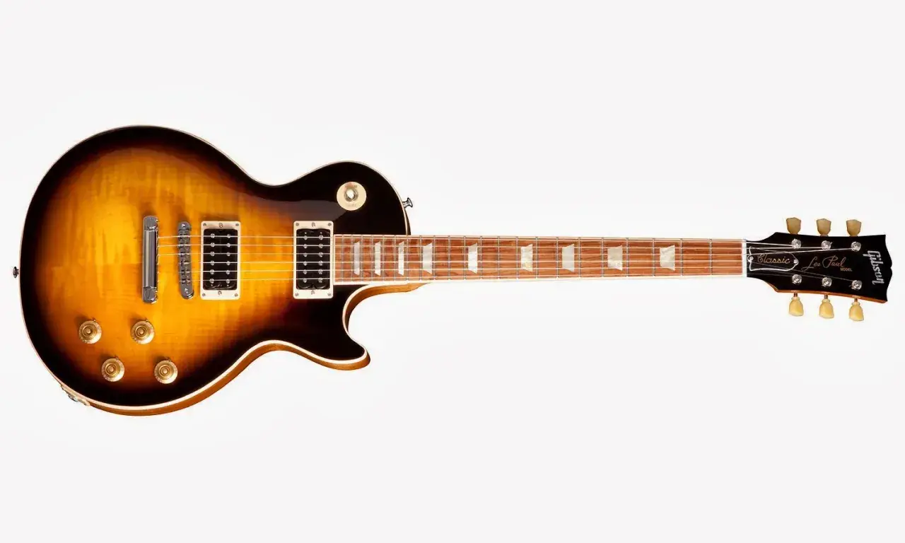 Diapason Gibson Les Paul Classic, un classique du rock avec son sunburst flamboyant.