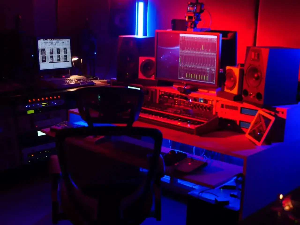 Studio d'enregistrement éclairé en rouge et bleu, avec un ordinateur affichant un logiciel de production musicale, un clavier, des enceintes et un sampler.