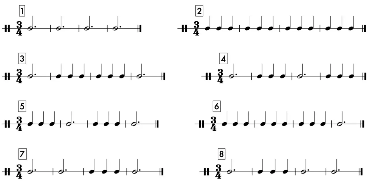 Huit portées musicales en mesure 3/4, numérotées de 1 à 8, présentant différentes combinaisons de croches et de noires pointées.