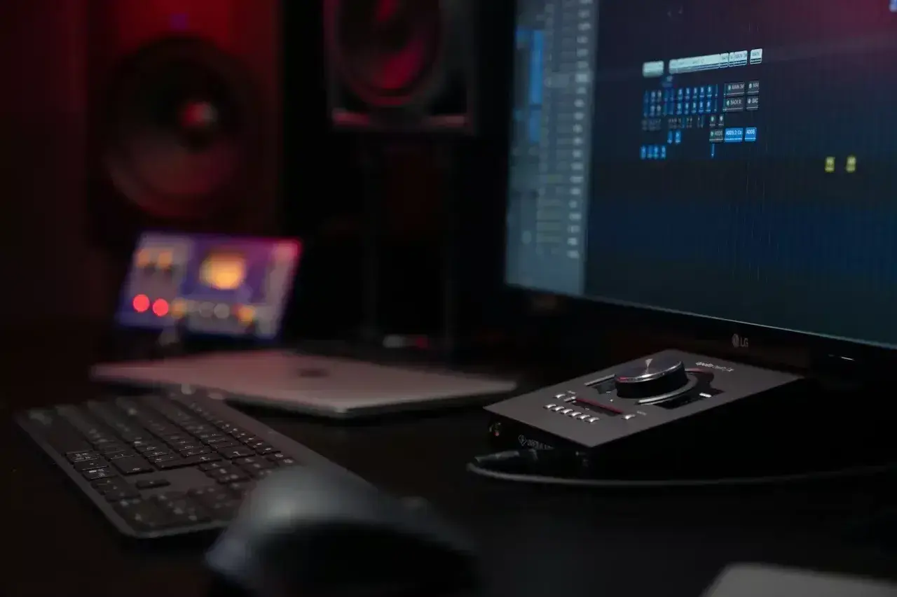 Un setup DJ professionnel avec écran d'ordinateur affichant une table de mixage, des enceintes et une console de contrôle.