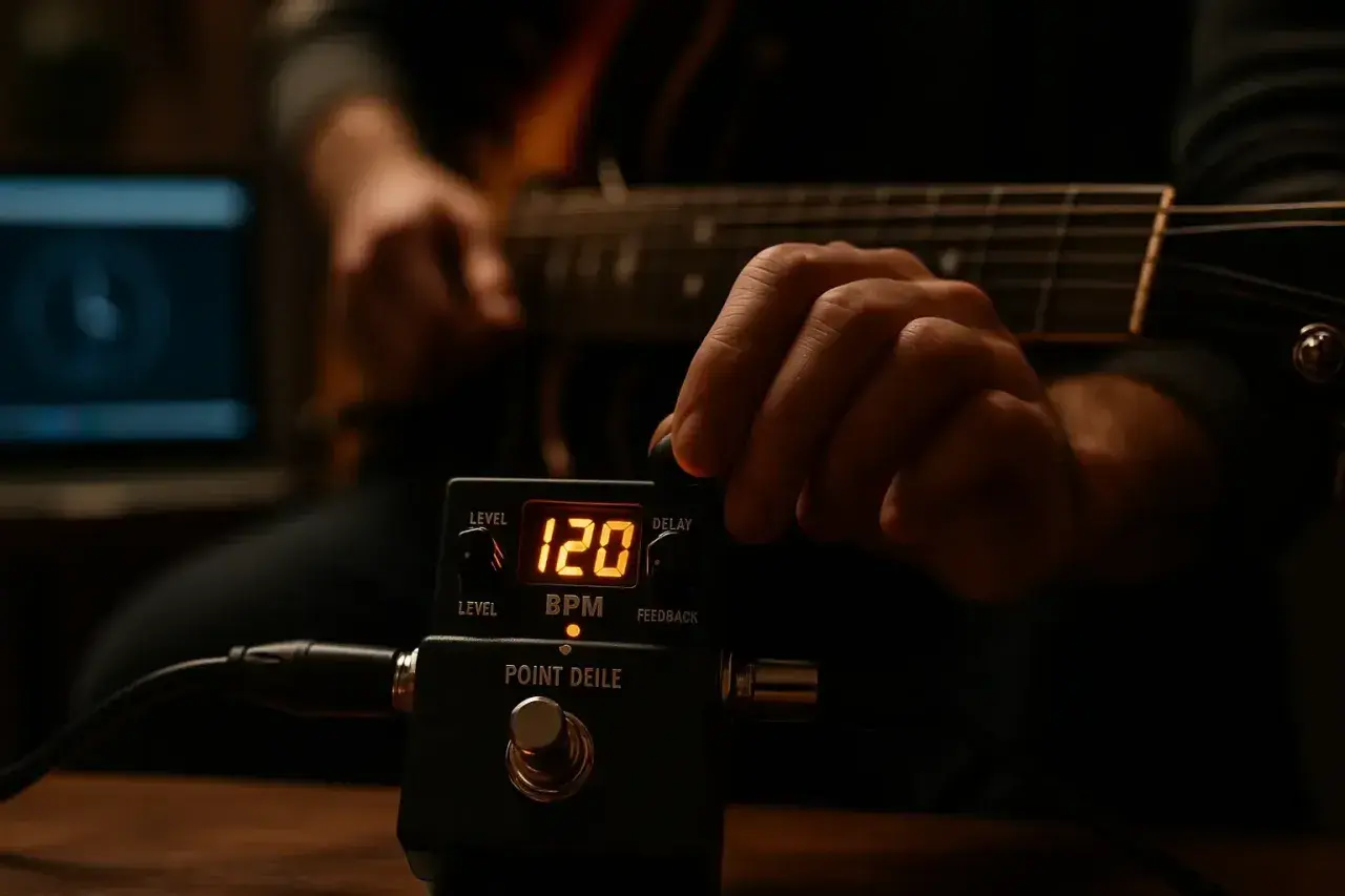 Main d'un guitariste ajustant un pédalier affichant 120 BPM, un tempo vivace pour une session d'enregistrement.