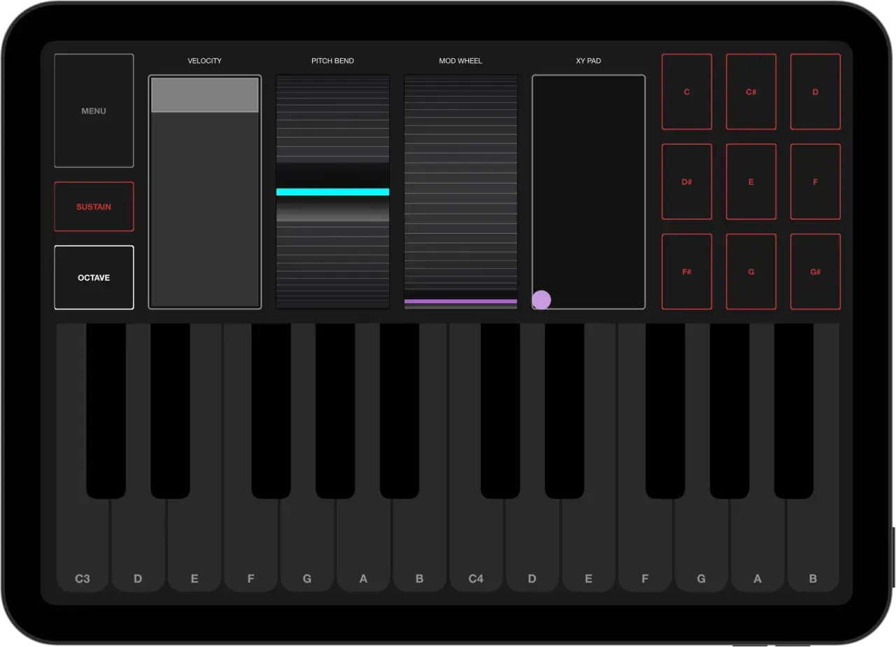 Clavier virtuel sur un iPad, avec des contrôles pour la vélocité, le pitch bend, le mod wheel, et un XY pad. Idéal pour le contrôle MIDI.