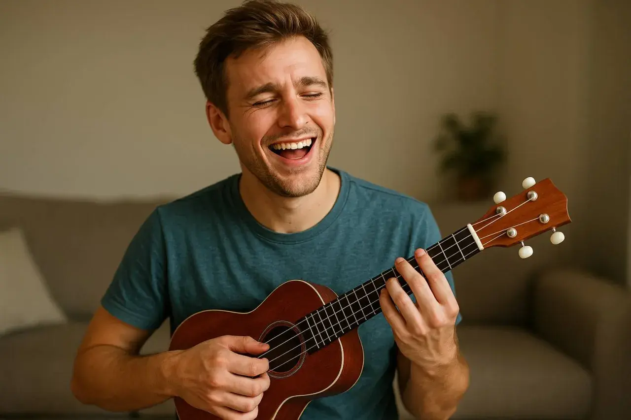 Un homme rit aux éclats en jouant du ukulélé, capturant le rythme joyeux de la musique.