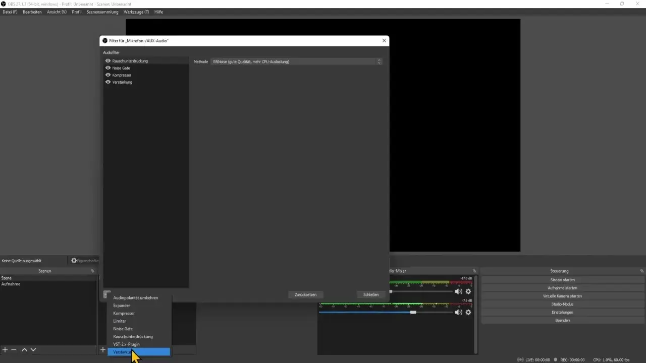Dans OBS, le menu des filtres audio pour le micro affiche "Verstärkung" (gain micro).
