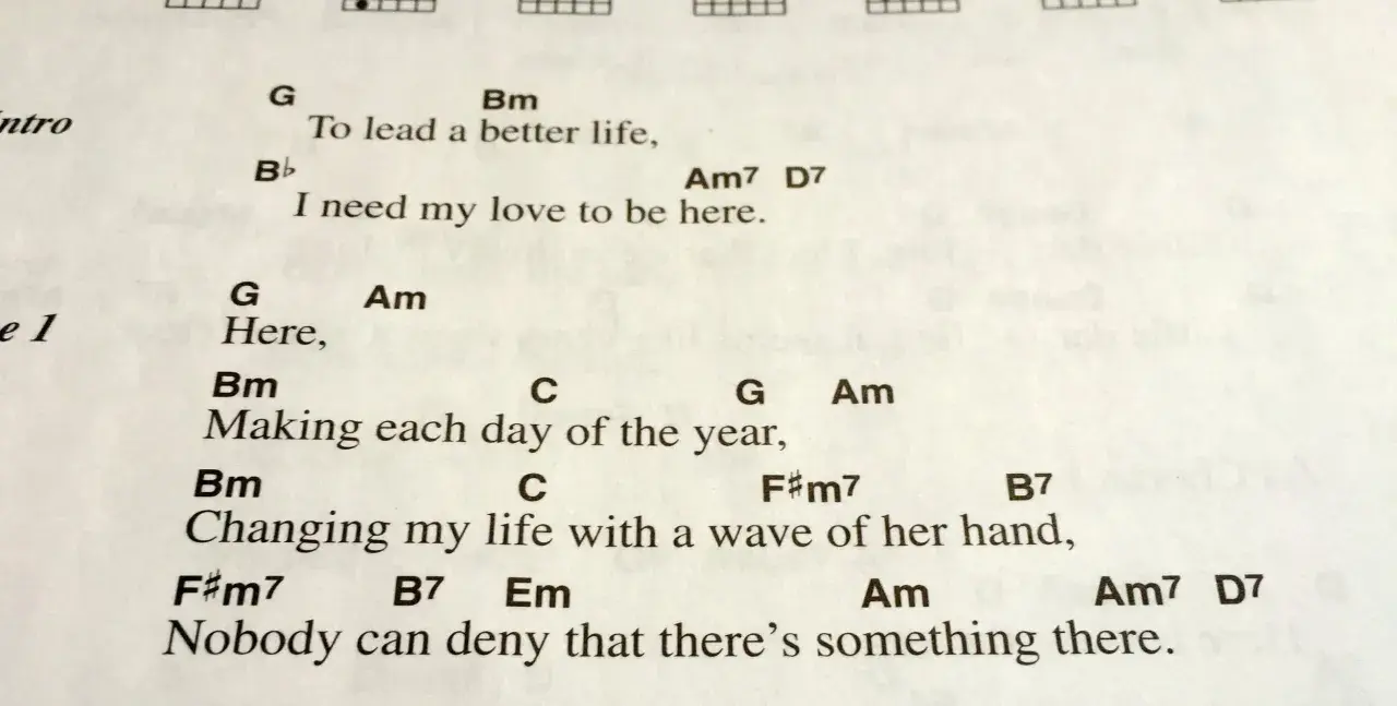 Partition de chanson avec accords, dont la gamme mi majeur, pour "To lead a better life".