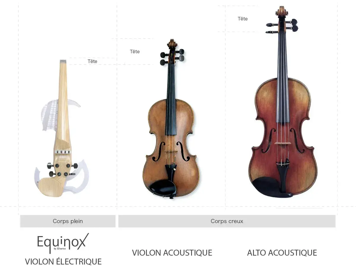 Comparaison visuelle : violon électrique, violon acoustique et alto acoustique. La différence violon et alto est visible par la taille.