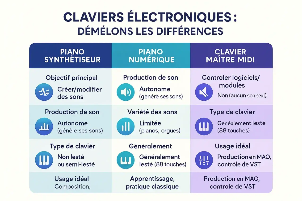 Tableau comparatif des claviers électroniques : piano synthétiseur, piano numérique et clavier maître MIDI.