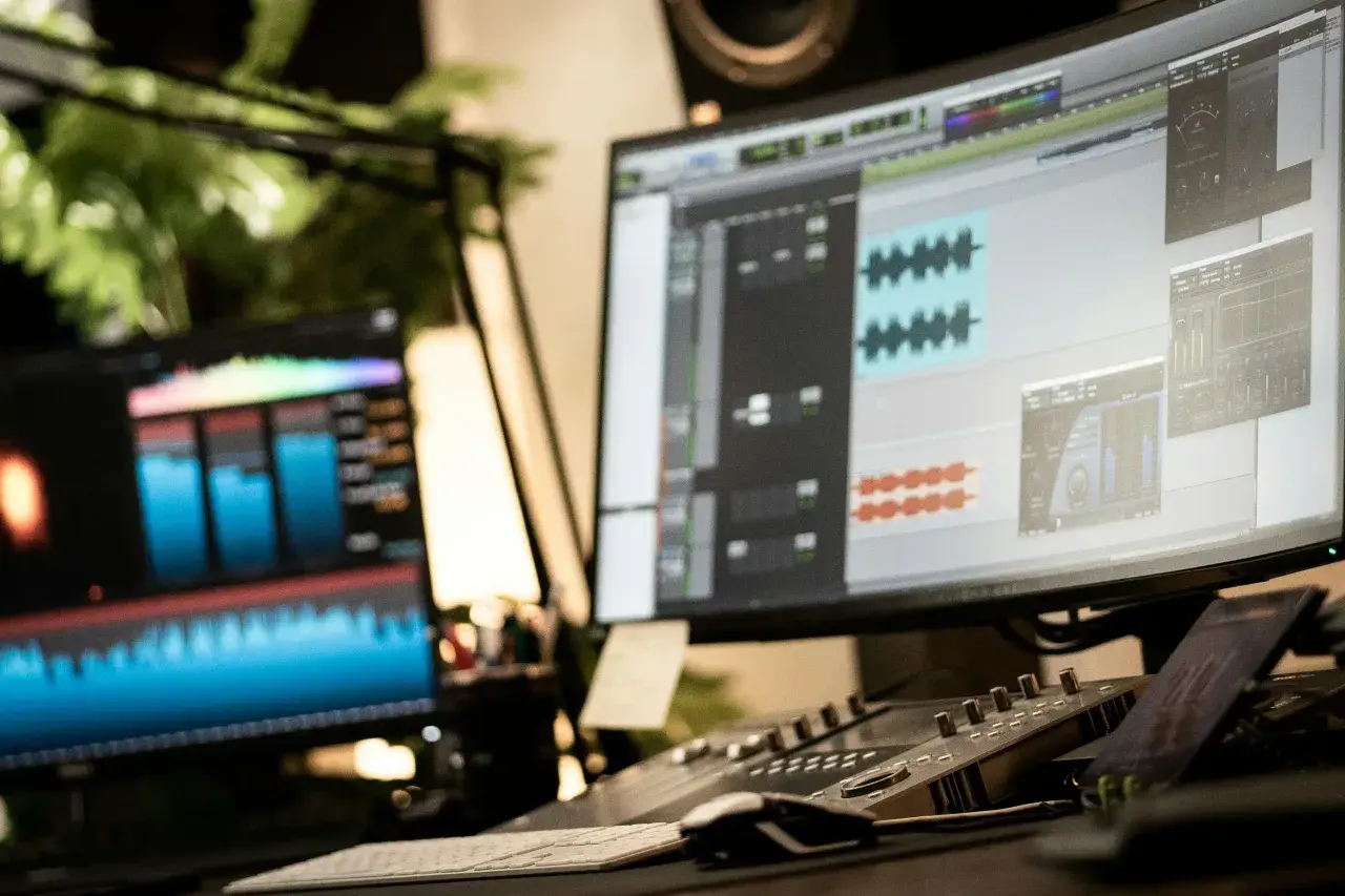 Post-production audio, avec des formes d'onde et des pistes sur écran. Un léger micro-bleed de lumière sur le côté gauche.