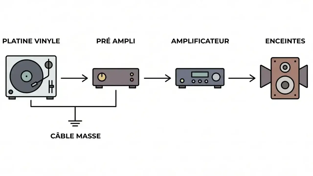Schéma d'une chaîne hi-fi : platine vinyle, préampli, amplificateur et enceintes. Le câble de masse relie la platine au préampli. Une sortie phono est essentielle.