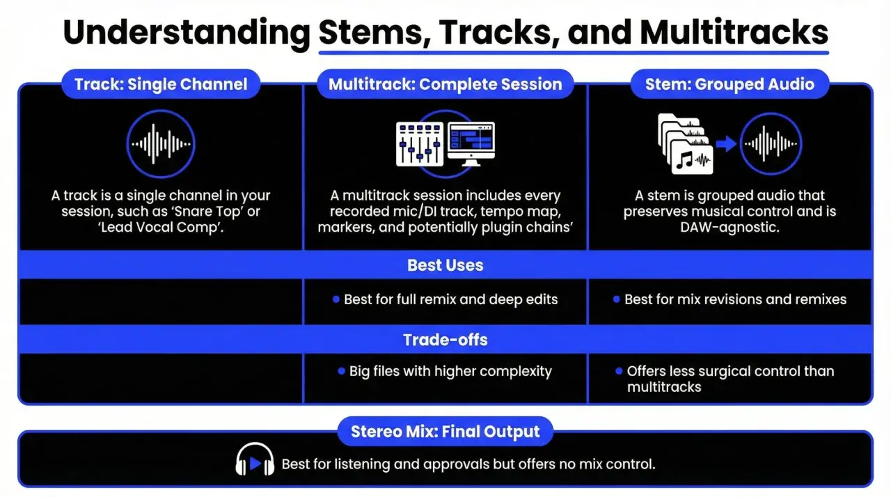 Une définition de stem : audio groupé préservant le contrôle musical, indépendant du DAW. Idéal pour remixes et révisions.