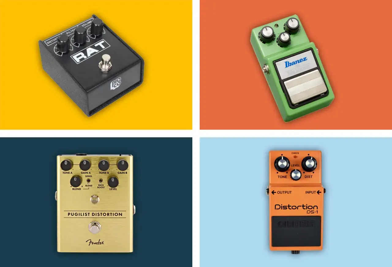 Quatre pédales d'effet guitare : RAT, Tube Screamer, Pugilist Distortion et DS-1. Parfaites pour la distorsion musicale.