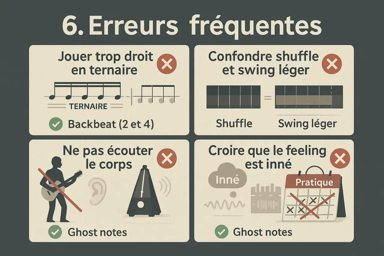 Erreurs fréquentes en solfège rythmique : jouer droit en ternaire, confondre shuffle et swing, ignorer son corps, croire le feeling inné.