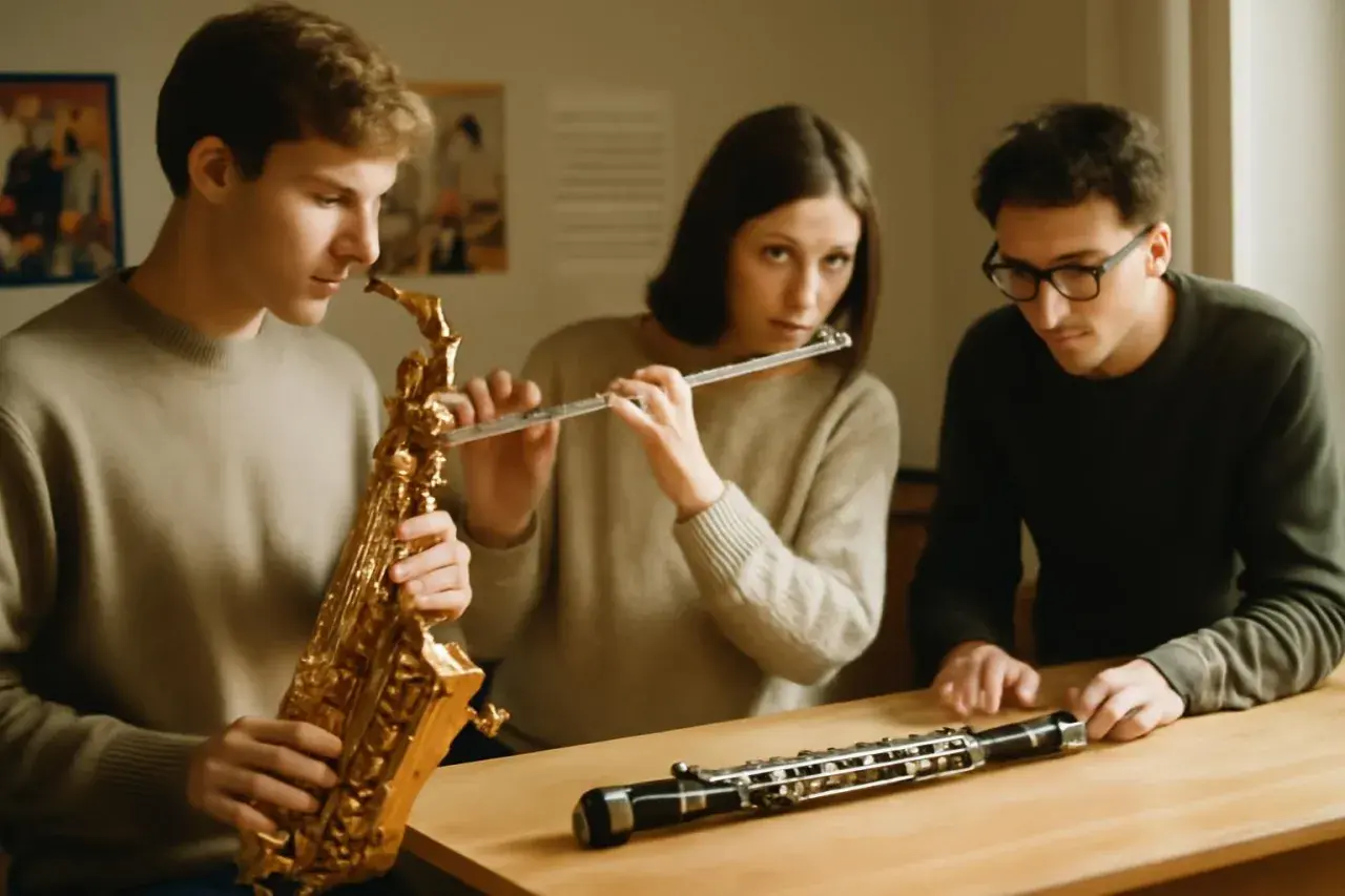 Trois jeunes jouent d'un instrument à vent : un saxophone, une flûte traversière et un hautbois.