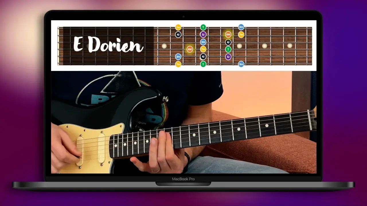Apprentissage de la gamme E Dorien sur une guitare, inspiré par le style de David Gilmour.