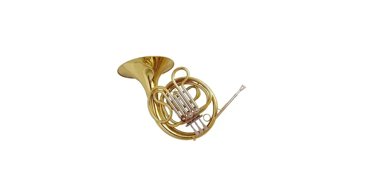 Un gros cor instrument en laiton, avec ses tubes enroulés et ses pistons argentés, prêt à résonner.